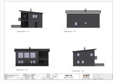 Fasadetegning som viser bygningens utseende fra fire sider (NORD, VEST, ØST, SØR) med mål 1:100.