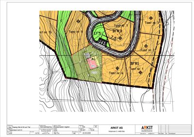 Situasjonsplan som viser tomt nr. 8 med bygning, samt nabolagstomter, vegnett og terrengforhold.