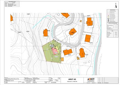 Situasjonsplan som viser tomtens plassering i forhold til nabolag, vei og terrengforhold.