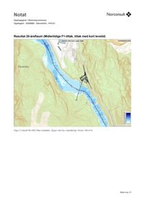 Kartutsnitt fra en hydrologisk modell (HEC-Ras) som viser et flomutsnitt i Furenes med vannføring og dyp.