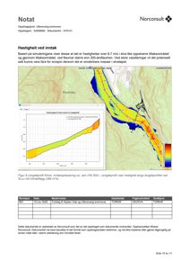 Kart som viser et elveløp med hastighetsfarger (blå til rødt) og topografi, inkludert en lengdeprofil-graf over hastighet langs elva.