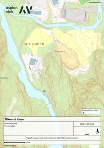Oversiktskart over området Tilkomst Kinso med topografi, vegnett og eksisterende bygninger.