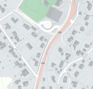 Kart over et nabolag med veier, hus og skole