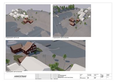 Tre 3D-visualiseringer (renderinger) av et boligprosjekt sett fra ulike vinkler (fugleperspektiv).