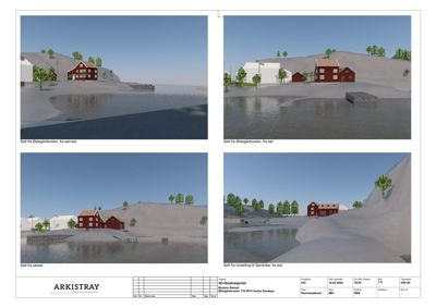 3D-visualiseringer (renderinger) av et byggeprosjekt sett fra ulike vinkler (sørvest, sør, sørøst, øst).