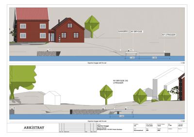 Snittegning av en brygge og utrigger sett fra sør og øst, med angivelse av høyder og dimensjoner.