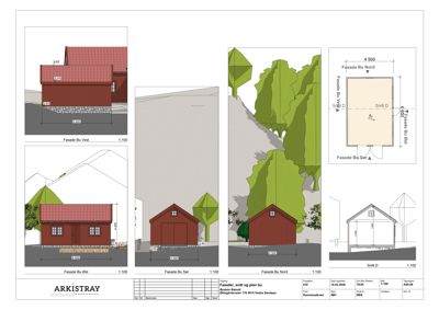 Fasadetegning med oppriss av bygningen sett fra fire ulike sider (Vest, Øst, Sør og Nord), inkludert snittegning D-D.
