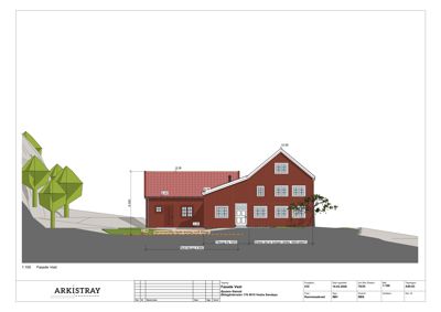 Fasadetegning (opprikk) av en rød bygning sett fra vest, med mål og detaljer om vinduer og tak.
