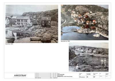 Historiske fotografier av Sandvika fra 1905 og ca. 1950, inkludert et bilde med to personer i forgrunnen.