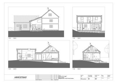 En tegning som viser fire ulike snitt (A, B, C og F) gjennom en bygning for å illustrere romfordeling, høyder og konstruksjon.