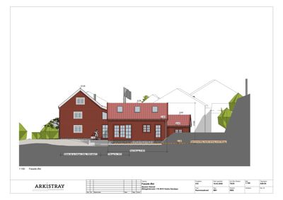 Fasadetegning (Fasade Øst) som viser bygningens utseende fra øst, inkludert høyder, materialer og terrengforhold.
