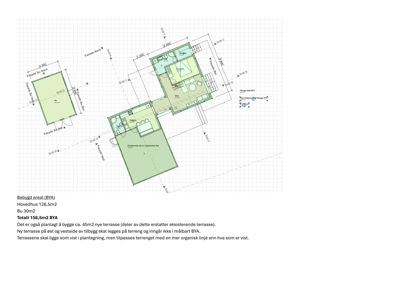 Etasjeplan (BYA) som viser romfordeling, mål og plassering av en hovedbygning og en tilbygg.