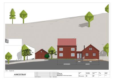 Fasadetegning som viser bygningens utseende sett fra foran, inkludert takform, vinduer, dører og omgivelsene.
