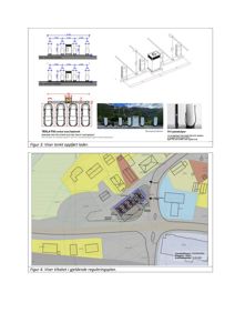 Bildet viser en situasjonsplan (reguleringsplan) som illustrerer plassering av en ladestasjon (blått) i forhold til eksisterende veier, vann (blått) og andre arealer (gult/rødt).