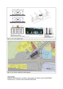 Bildet viser en reguleringsplan (Figur 4) som illustrerer et tiltak for ladestasjoner plassert i forhold til eksisterende bygninger og veier. Øverst er det også inkludert mindre detaljtegninger av ladestolpene.