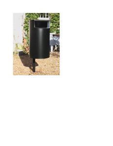 Fotografi av en svart, stående søppelkasse plassert ute i en hage eller på en tomme.