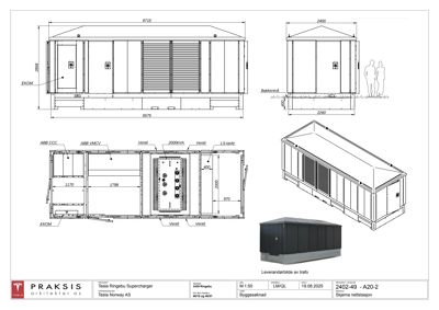 Detaljtegning av en trafostasjon (trafo) med dimensjoner, komponenter (som ABB CCC, Ventril) og en leverandørillustrasjon.