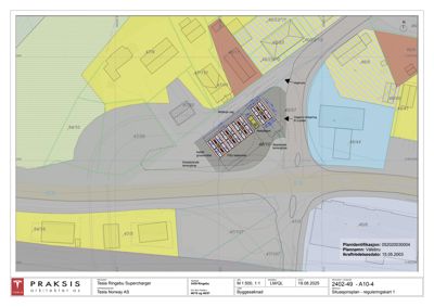 Situasjonsplan som viser tomtens beliggenhet i forhold til nabolag, veier og regulering.