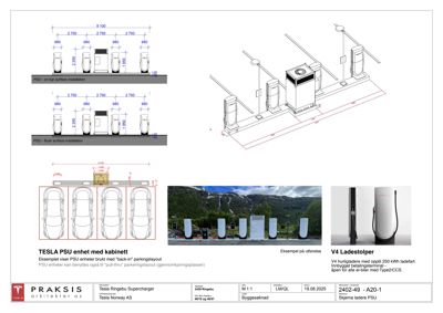 Tegninger og illustrasjoner som viser plassering, dimensjoner og utforming av Tesla PSU-ladestasjoner i en supercharger-anlegg.