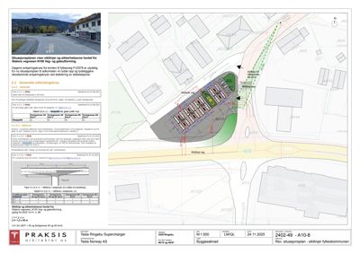Situasjonsplan som viser skiltfelter og sikkerhetsrom for en Tesla Ringebu Supercharger-prosjekt, inkludert vegnavn, eiendomsnummer og bygningssilhuetter.