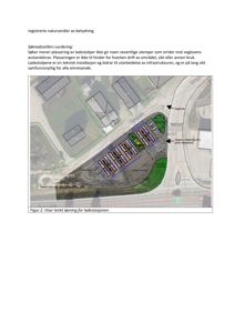 Situasjonsplan som viser plassering av ladestolper i forhold til eksisterende bygninger, veier og grøntområder.