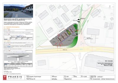 Situasjonsplan som viser siktilinjer og sikkerhetssoner for en suppercharger, med tegninger av parkeringsplasser og vegforhold.