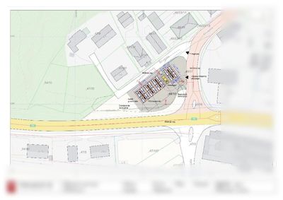 Situasjonsplan (grunnkart) som viser byggefeltet for Tesla Ringebu Supercharger, inkludert nabobebyggelse, veier og topografi.