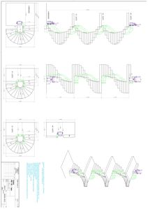 Tegning som viser detaljerte dimensjoner og konstruksjon av en trapp (trinnhøyde, trinnbredde, vinkel) sett fra ulike perspektiver.