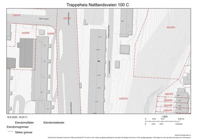 Situasjonsplan som viser eiendomsgrenser, eiendomstekster (nummerering) og bygningsplasseringer i området rundt Trappeheis Natlandveien 100 C.