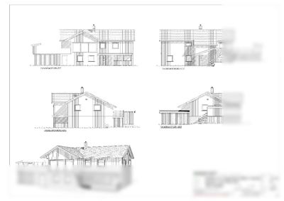 Fasadetegninger som viser bygningens utseende fra fire ulike vinkler (NØ, NV, SØ, SV) samt en 3D-visualisering.