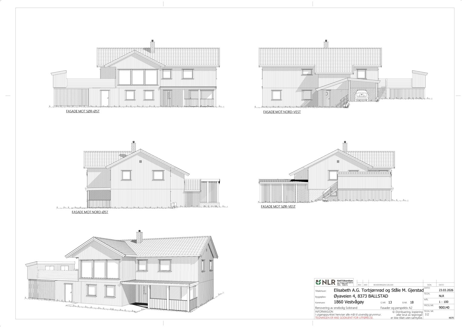 Fasadetegninger som viser bygningens utseende fra fire ulike vinkler (NØ, NV, SØ, SV) samt en 3D-visualisering.