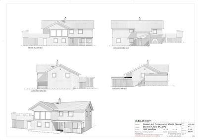Fasadetegninger som viser bygningens utseende fra fire ulike vinkler (NØ, NV, SØ, SV) samt en 3D-visualisering.