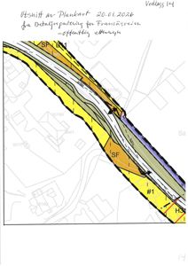 Et utsnitt av en plankart som viser arealbruksinndeling (f.eks. SF, H3) og eiendomsgrenser langs en vei.