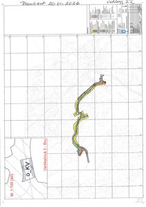 Plan kart over Vertikalnivå 3 - Bru med fargekodet terrengprofil og referanse til et kvartalskart (KV).
