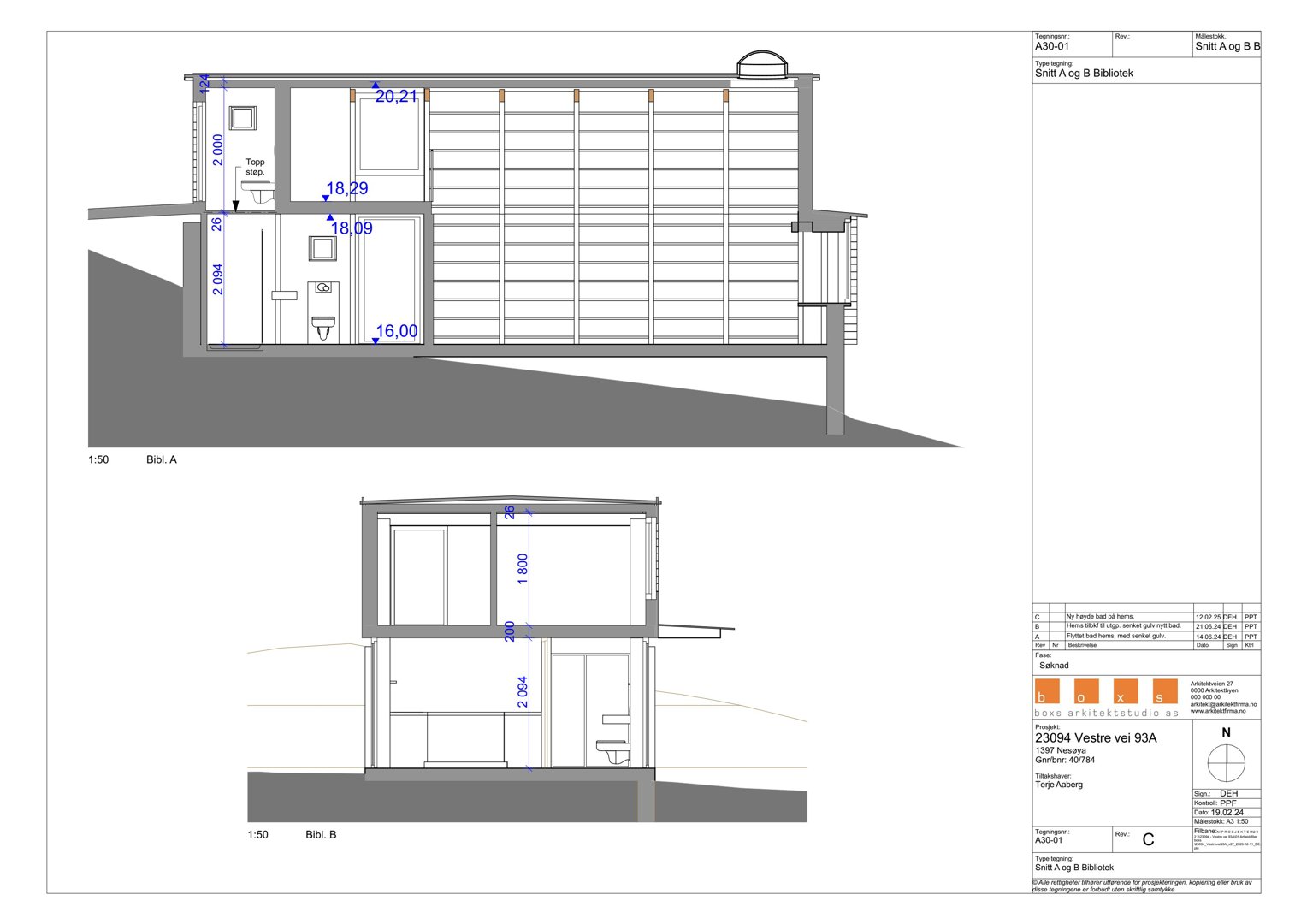 Snittegning (Btll A og Btll B) som viser tverrsnittet gjennom bygningen, inkludert høyder, romfordeling og konstruksjon.