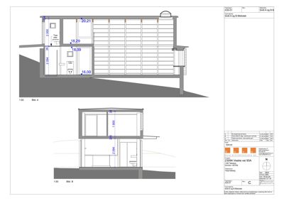 Snittegning (Btll A og Btll B) som viser tverrsnittet gjennom bygningen, inkludert høyder, romfordeling og konstruksjon.