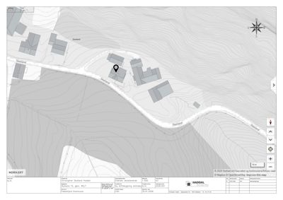 Kart over området med topografi, vei og bygninger, inkludert et markert punkt (pin) ved husnummer 15.