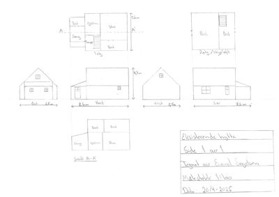 En håndtegnet tegning som viser etasjeplaner (1. etg, 2. etg/Veranda) og fasadeperspektiver (Nord, Vest, Sør) for en eksisterende hytte.