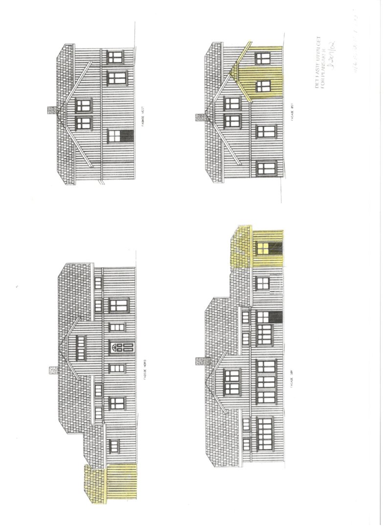 Fasadetegning som viser utsiden av en bygning sett fra flere vinkler.