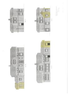 Fasadetegning som viser utsiden av en bygning sett fra flere vinkler.