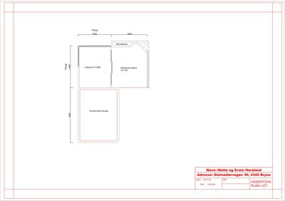 Etasjeplan (1. etasje) som viser romfordeling, eksisterende og nybygd areal, samt dimensjoner.