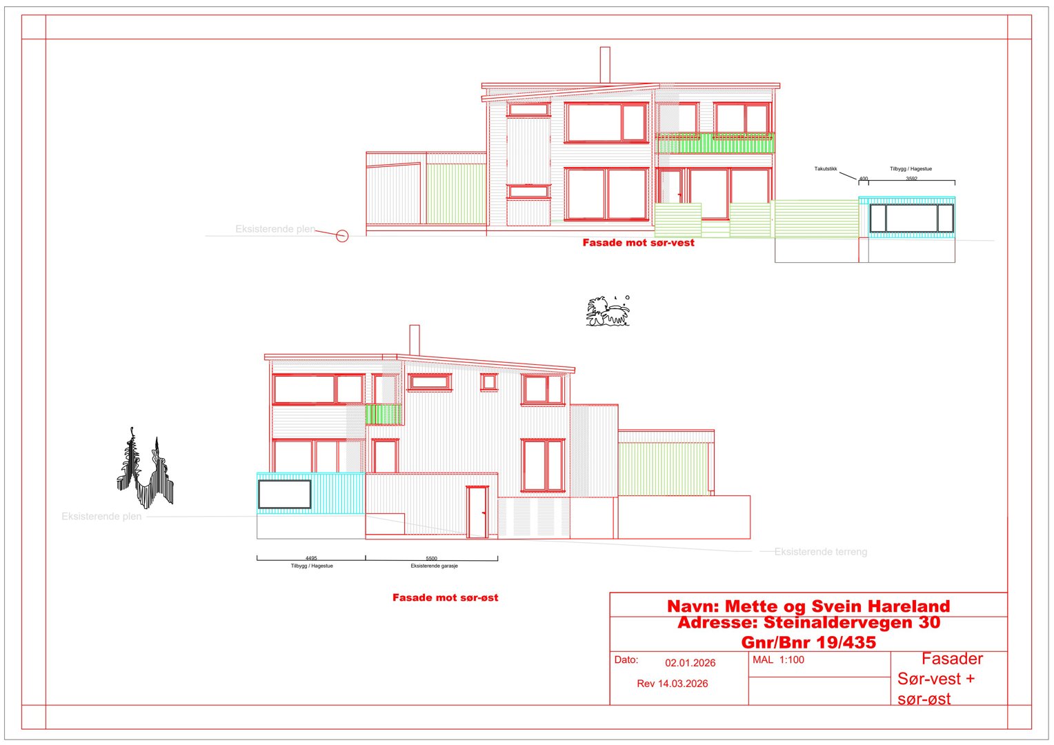 Fasadetegning som viser bygningens utseende fra sør-vest og sør-øst.