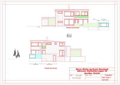 Fasadetegning som viser bygningens utseende fra sør-vest og sør-øst.