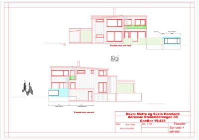 Fasadetegning som viser bygningens utseende fra sør-vest og sør-øst.