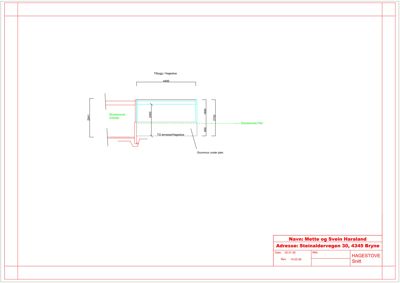 Snittegning som viser etasjeskiftet, grunnmur, eksisterende plan og tilbygg/hagestue med mål.