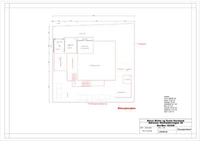 Situasjonsplan som viser tomtens grenser, bygningers plassering, veier og arealoppdelinger.