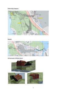 Bildet inneholder en 3D-visualisering (rendering) av et hus, samt situasjonsplaner og en midlertidig anleggsvei.