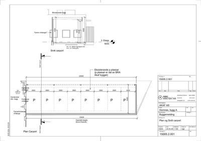 Plan og snitt av carport med mål og plassering av vinduer