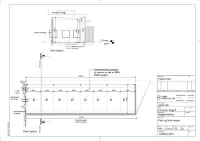 Plan og snitt av carport med mål og plassering av vinduer