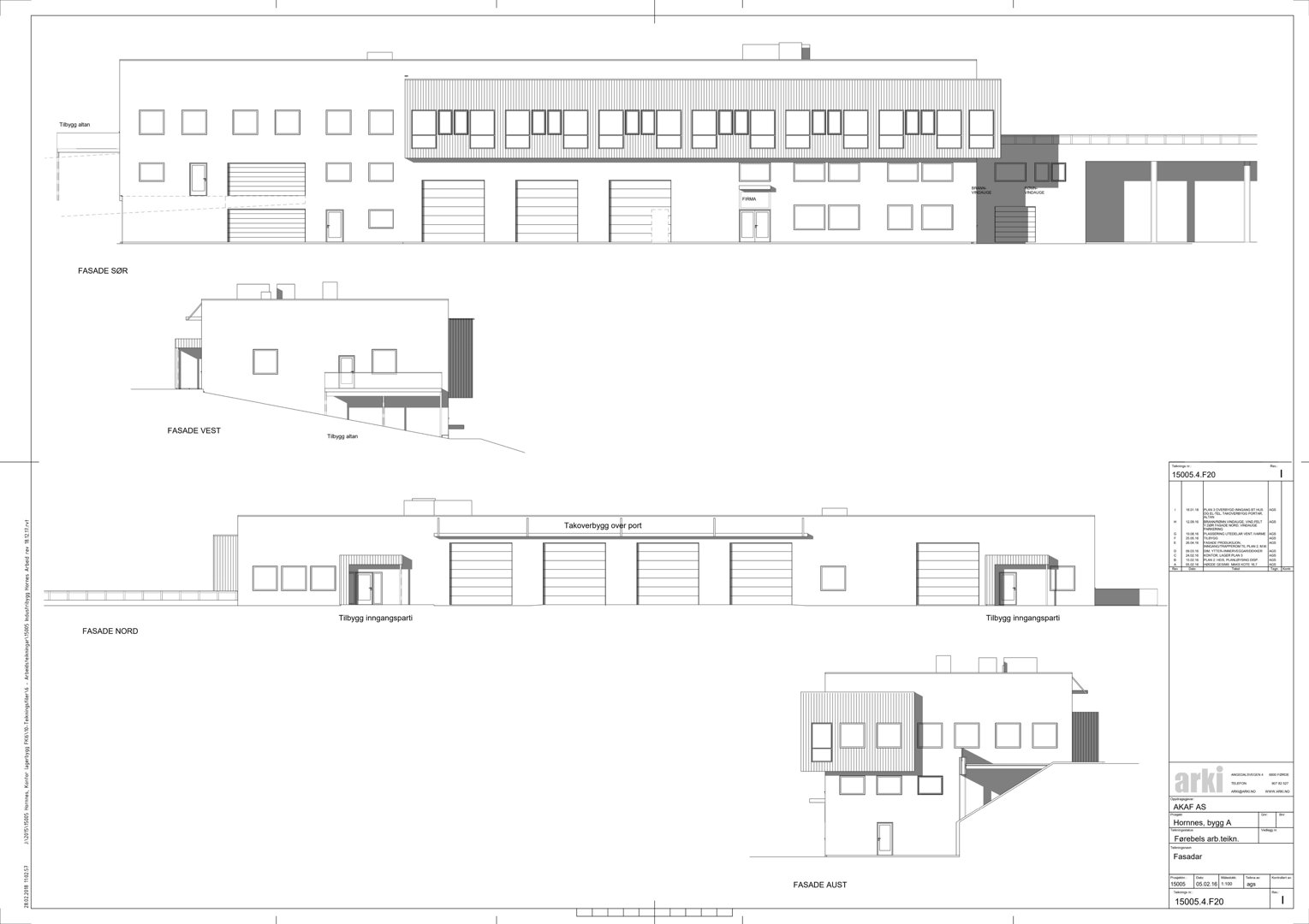 Fasadetegning som viser oppriss av bygningens fire sider (Nord, Sør, Vest, Aust) med vinduer, dører og takform.